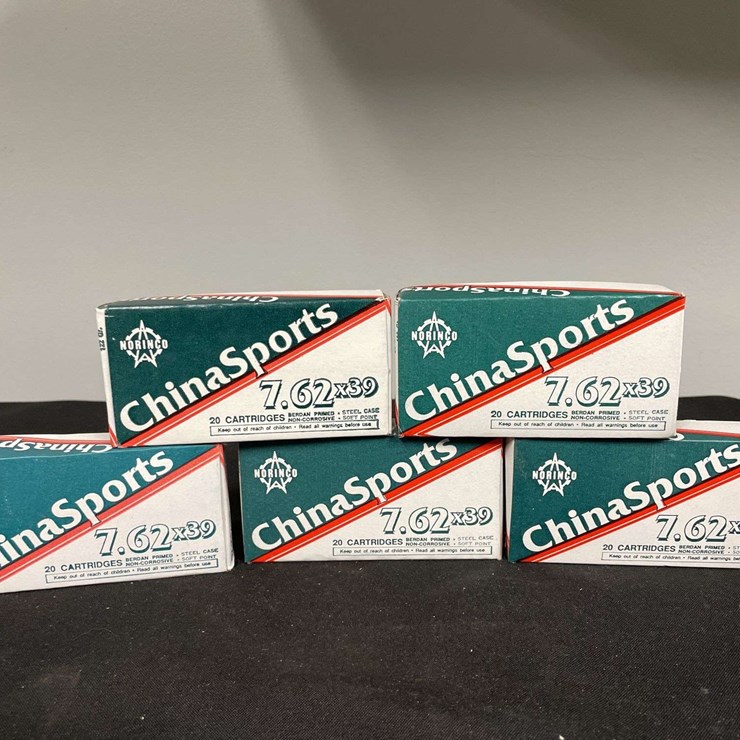 (5)-Boxes (100 Rounds) China Sports 7.62 x 39 Ammo