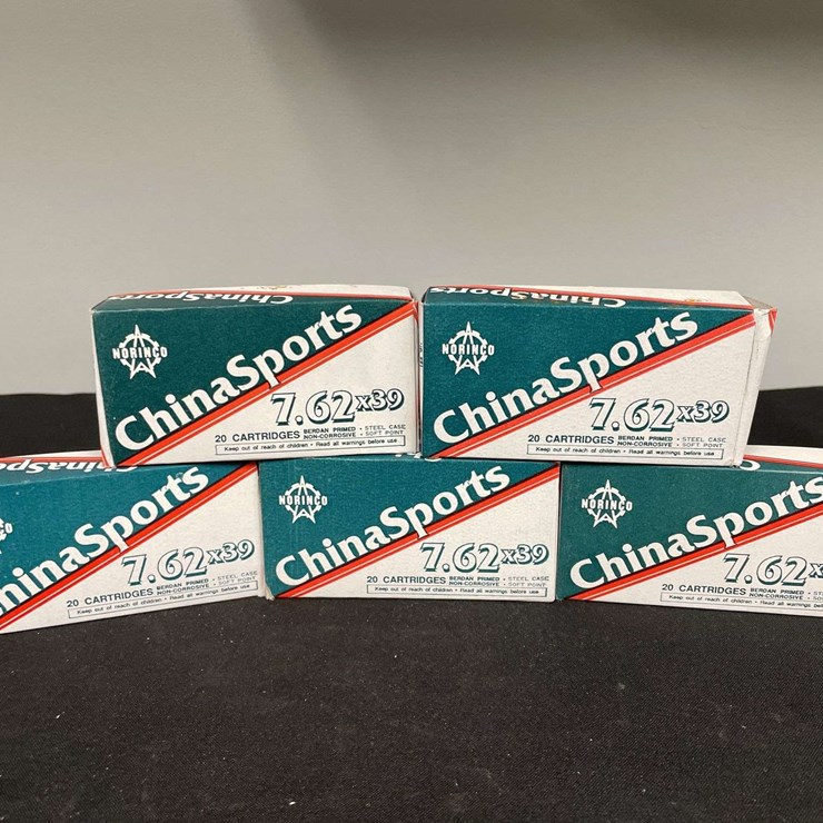 (5)-Boxes (100 Rounds) China Sports 7.62 x 39 Ammo