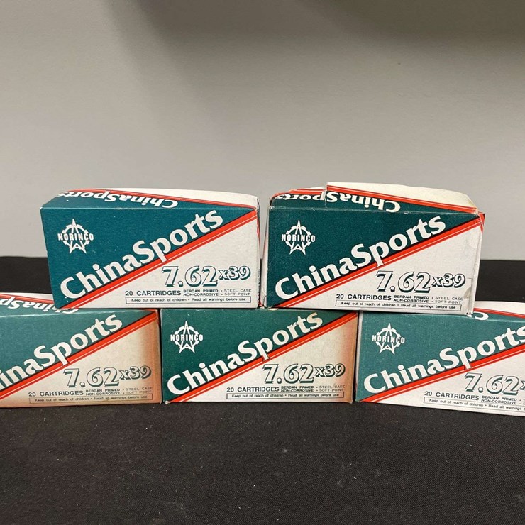 (5)-Boxes (100 Rounds) China Sports 7.62 x 39 Ammo