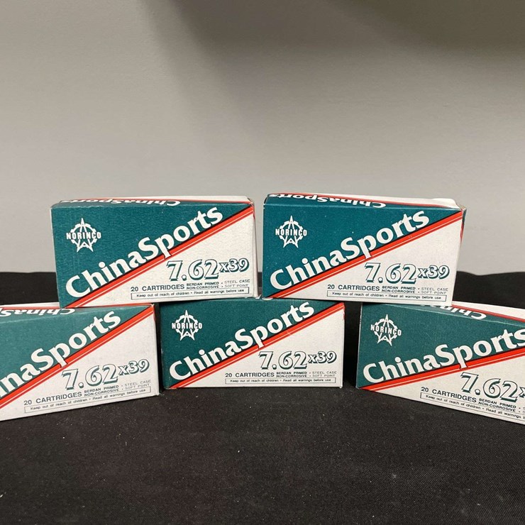 (5)-Boxes (100 Rounds) China Sports 7.62 x 39 Ammo