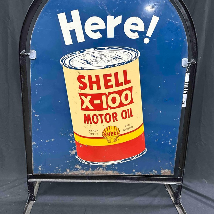 1001 - SHELL X-100 'HERE!' TOMBSTONE TIN SIGN - 30" x 42" - DOUBLE SIDED