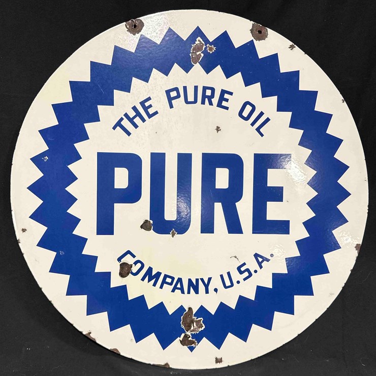 1002 - THE PURE OIL CO. PORCELIAN SIGN - 30" ROUND - DOUBLE SIDED