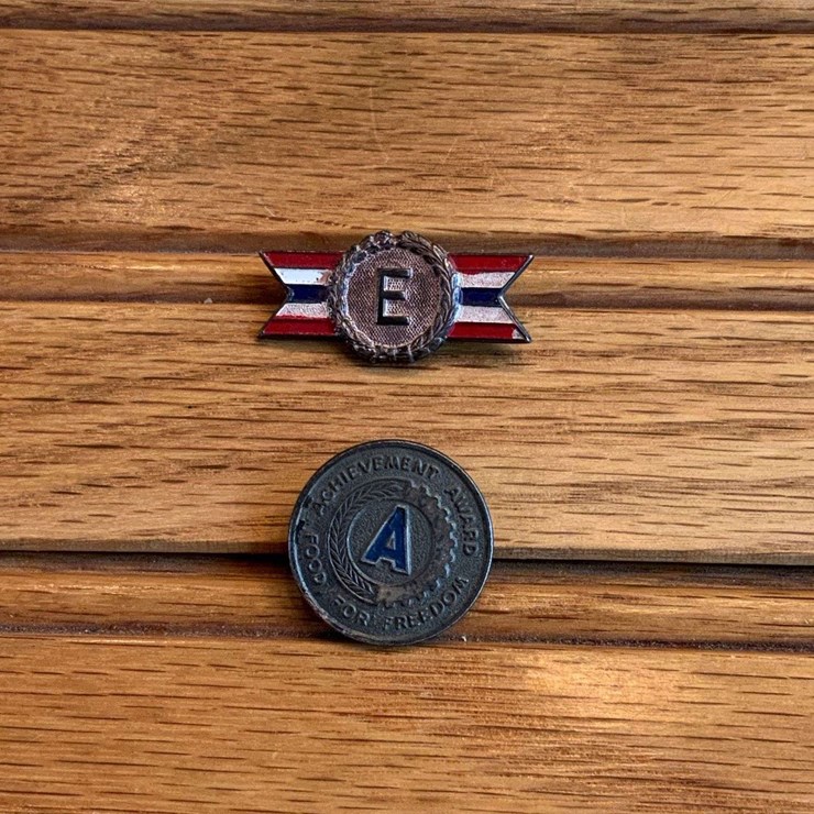 (2) WWII “E” Program Pin + Achievement Award Pin