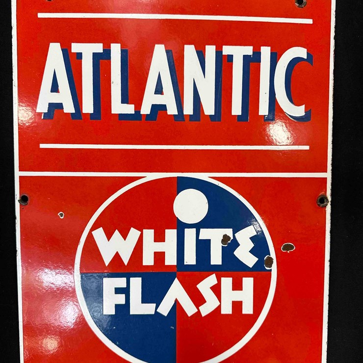 1027 - ATLANTIC WHITE FLASH PORCELIAN SIGN - 13" x 17" - SINGLE SIDED