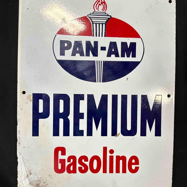 1024 - PAN-AM PREMIUM GASOLINE PORCELIAN SIGN - 13" x 17" - SINGLE SIDED - REPAIRED