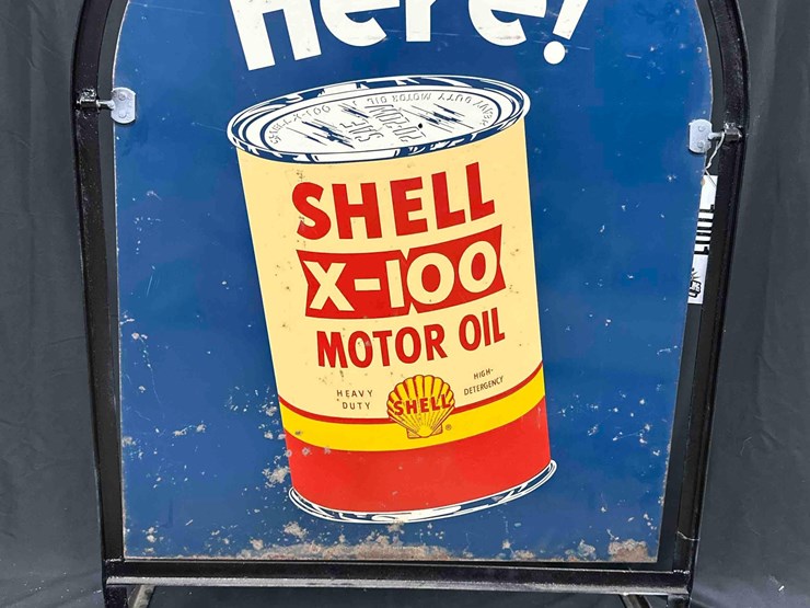 1001---shell-x-100-'here!'-tombstone-tin-sign---30"-x-42"---double-sided-image-1