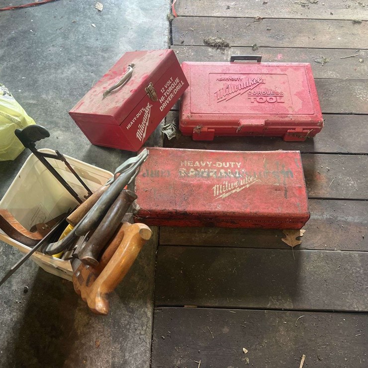 (3) Empty Milwaukee Toolboxes & Bucket of Hand Saws