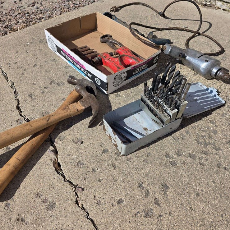 Drill Bits, Drill (Working Order), Sickle Tool, Hammer, Caulking Gun