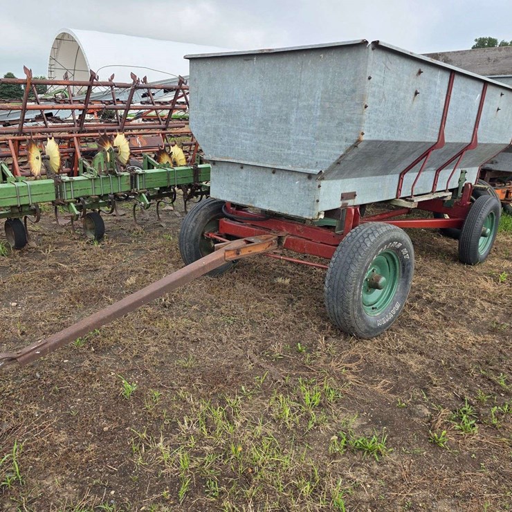 Galvanized Flair Box with Hoist in Working Order, on Running Gear, Wood Floor, 16” Tires on 5 Bolt R
