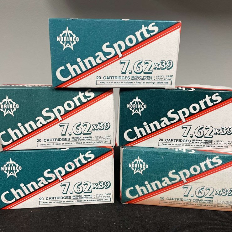 (5)-Boxes (100 Rounds) China Sports 7.62 x 39 Ammo