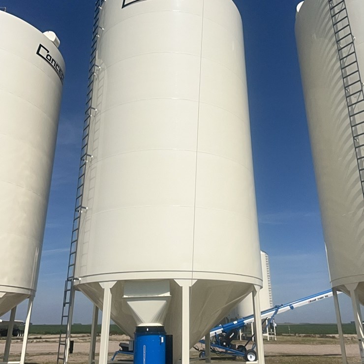Concept 7,500 bu. hopper bin, equipped with bin fan with 3 phase AGI Grainguard 10 hp electric motor.