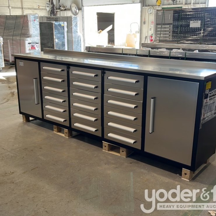 Unused 10' Work Bench c/w 18 Drawers, 2 Cabinets, Lock, Anti-Slip Inners, 3 Rail Sliding, Stainless Steel