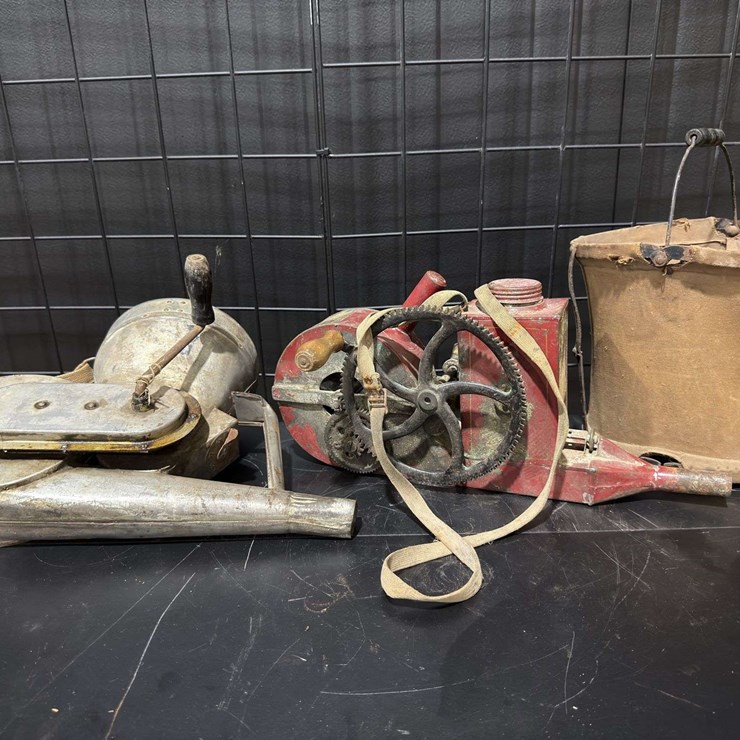 Two agricultural dusters “Little Giant Duster” and a Canvas water pail