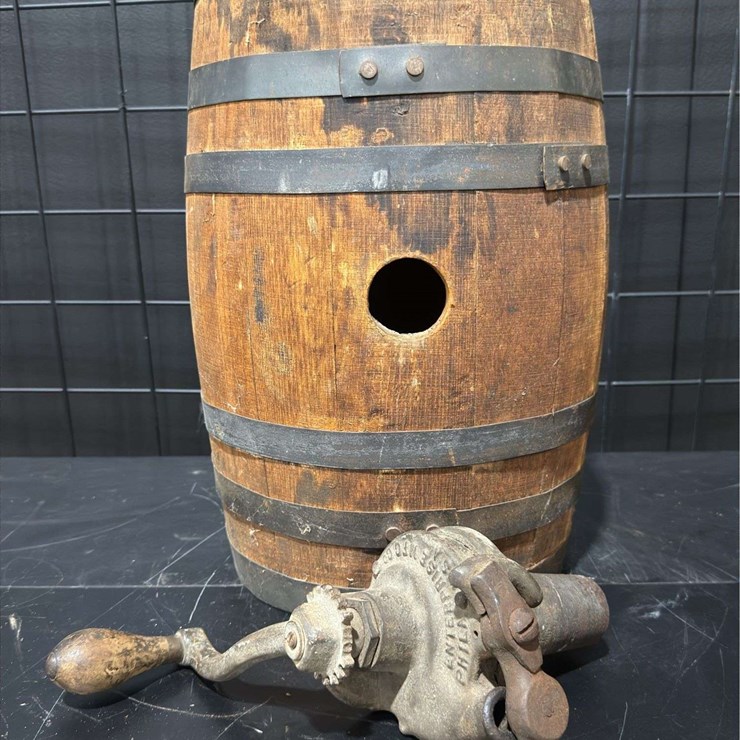 Iron Banded Wood Whiskey/Molasses Barrel Dispenser w Spigot Crank Tap