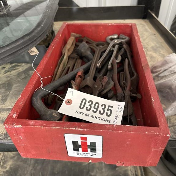 #3935 • BOX OF VINTAGE IH WRENCHES AND MISC VINTAGE TOOLS