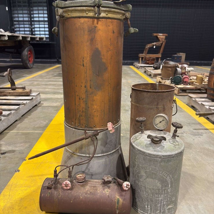 Steam Autoclave, Vintage blow torch or soldering lamp, pressure tank with swan, and Tall 5gl pail