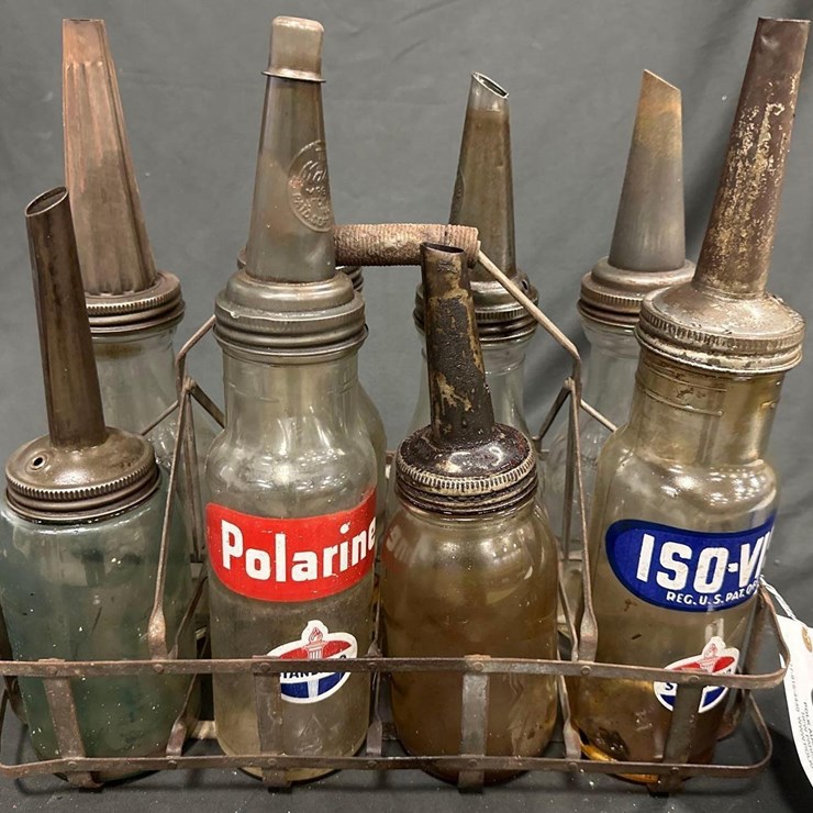 669 - (8) QUART GLASS OIL BOTTLES w/ CARRY RACK