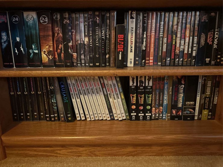 bookshelf-and-dvd’s,-small-boombox---(assorted-dvd's)-the-shelf-is-82”-tall-by-36”-wide.-image-4