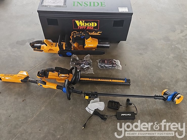 unused-cordless-chainsaw,-leaf-blower,-string-trimmer,-hedge-trimmer,-battery,-charger-c/w-metal-tool-box-image-1