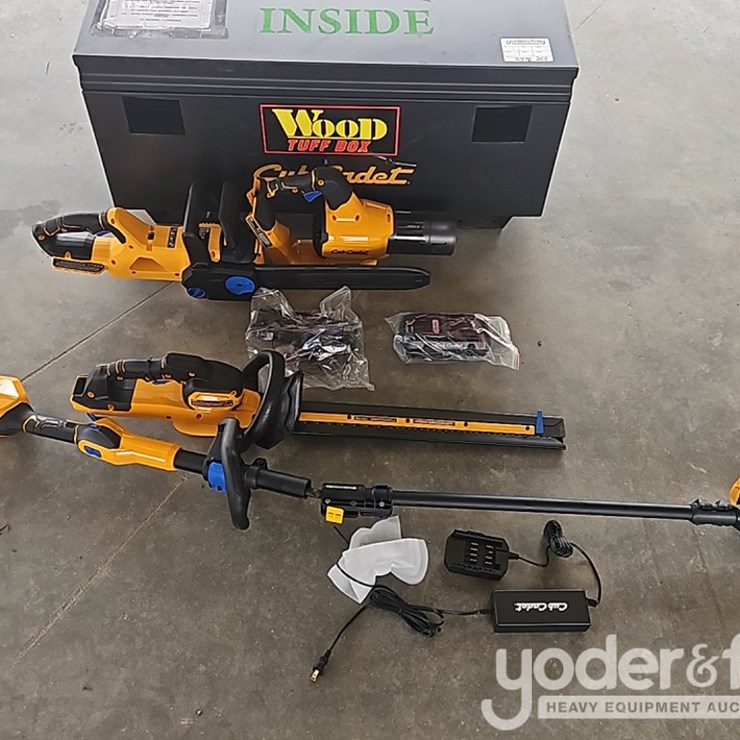 Unused Cordless Chainsaw, Leaf Blower, String Trimmer, Hedge Trimmer, Battery, Charger c/w Metal Tool Box