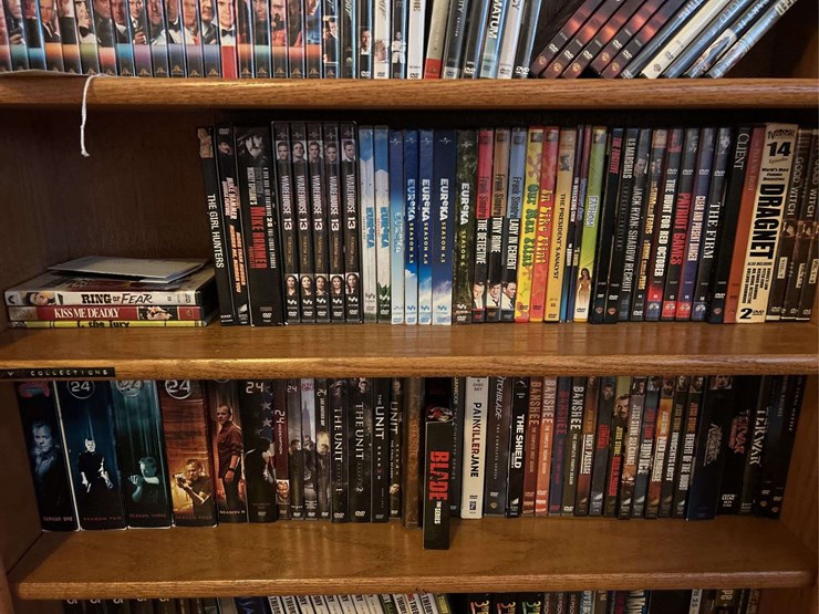 bookshelf-and-dvd’s,-small-boombox---(assorted-dvd's)-the-shelf-is-82”-tall-by-36”-wide.-image-3
