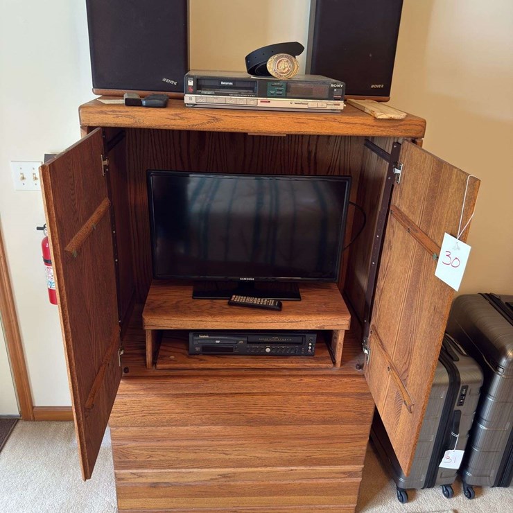 Wooden TV Cabinet with Samsung monitor and DVD/VCR player/Beta Max - 60” T x 36” W x 20” D