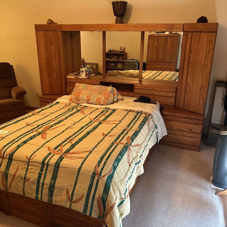 Bed with Headboard and Frame - Cedar Drawers - Bed is 57” W - Head Board is 106” W x 67” T x 20” D