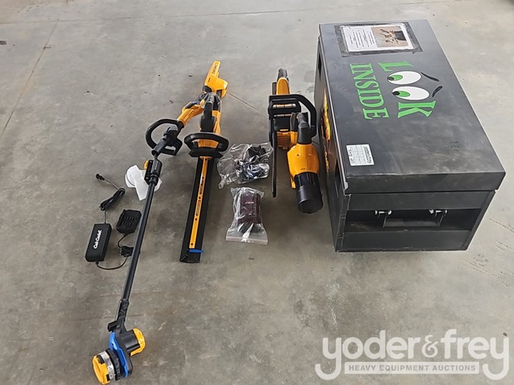 unused-cordless-chainsaw,-leaf-blower,-string-trimmer,-hedge-trimmer,-battery,-charger-c/w-metal-tool-box-image-2