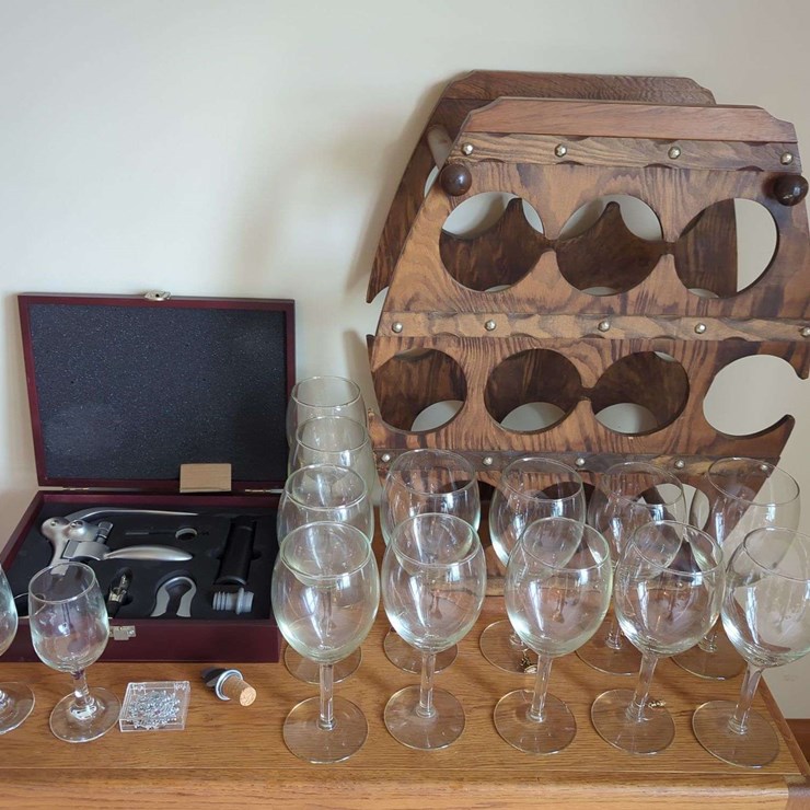 Wine Drinker Lot - Glasses/Opener/Rack