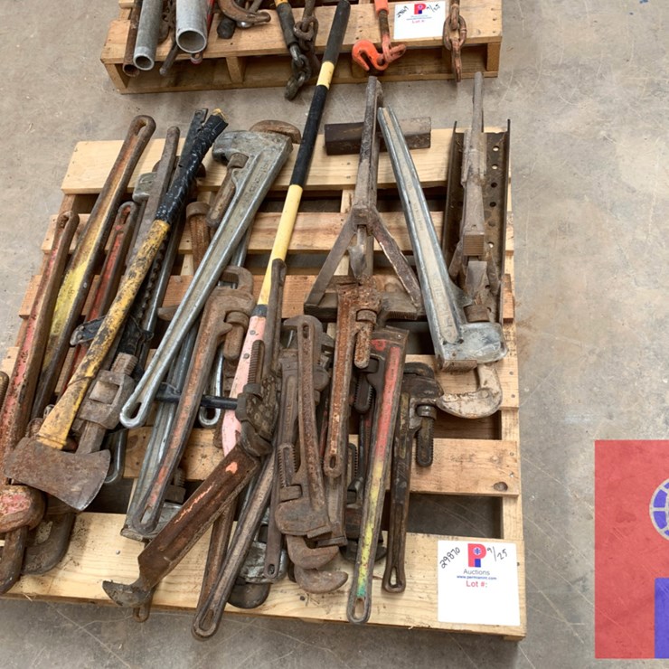 PALLET OF PIPE WRENCHES, (1) AXE, (1) SPADE