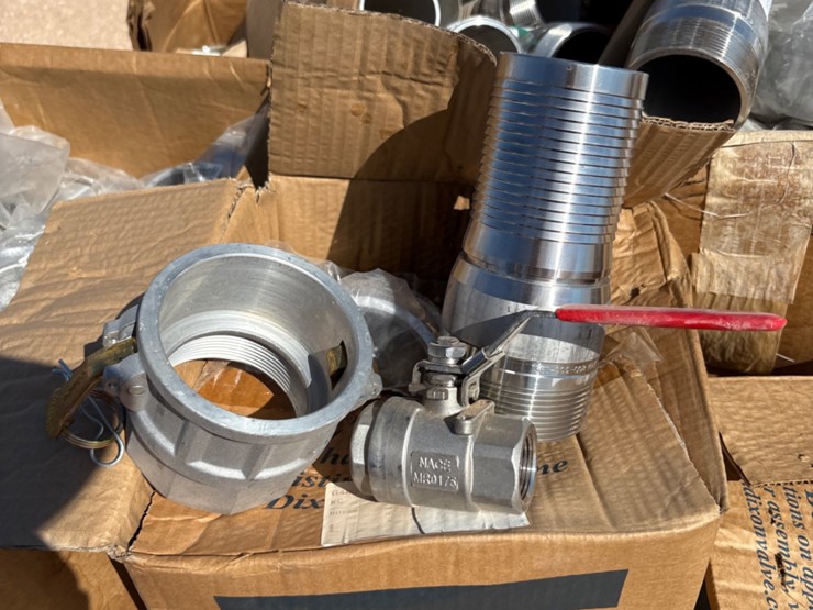 pallet-of-assorted-hose-fittings,-dust-plugs,-small-ball-valves-image-2