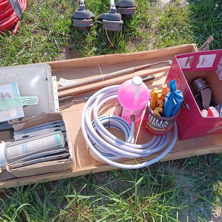 Long handle tools, caster, planter brackets, 15"x15" vent cover, camping hose, stakes, misc.