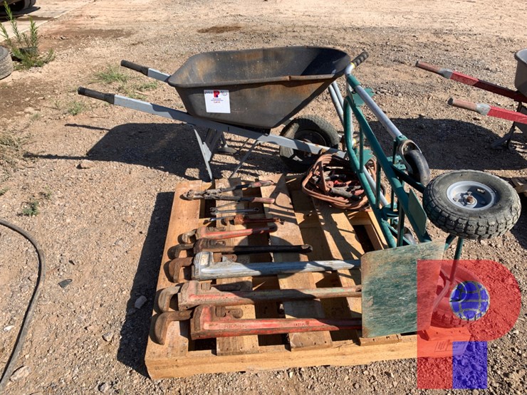 pallet-of-pipe-wrenches,-jumper-cables,-wheel-dolly-and-wheelbarrow-image-2