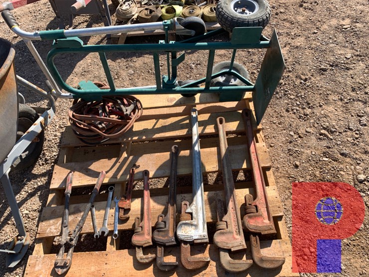 pallet-of-pipe-wrenches,-jumper-cables,-wheel-dolly-and-wheelbarrow-image-3
