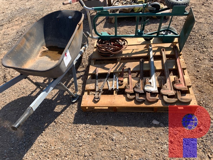 pallet-of-pipe-wrenches,-jumper-cables,-wheel-dolly-and-wheelbarrow-image-4