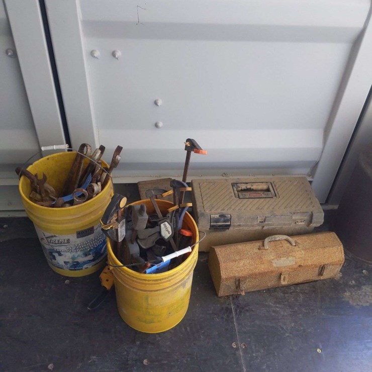 (2) BUCKETS OF TOOLS, DEWALT GRINDER, TOOL BOXES