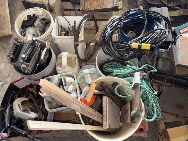 pallet-of:-sewer-tapes,-castor-wheels,-wrenches,-saw,-ext-cord,-rope,-hinges,-and-more,-buying-all-f-image-1