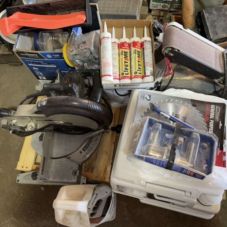 Pallet of: portable toilet, (unused), Miter Saw, Caulk, Belt Sander, and more, Buying All for One Mo