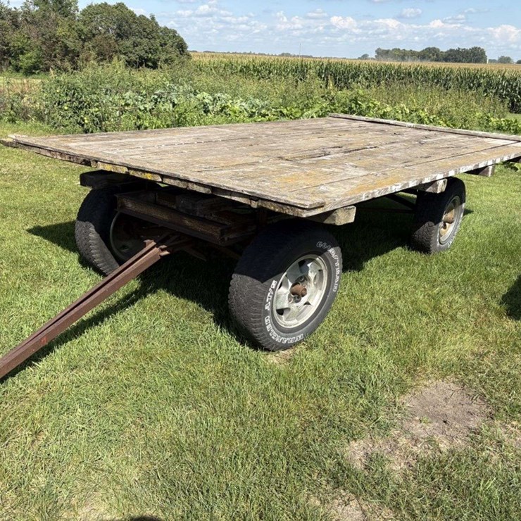 Flat Hay Rack, 94”x13.5’, 2” Wood Deck, on 4 Wheel Gear, 16” Tires, Hoist