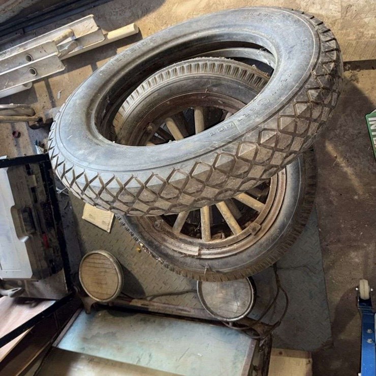 Old Car Parts including: 3 Wheels on wood spokes, 36x6 Tire, headlights, Windshield