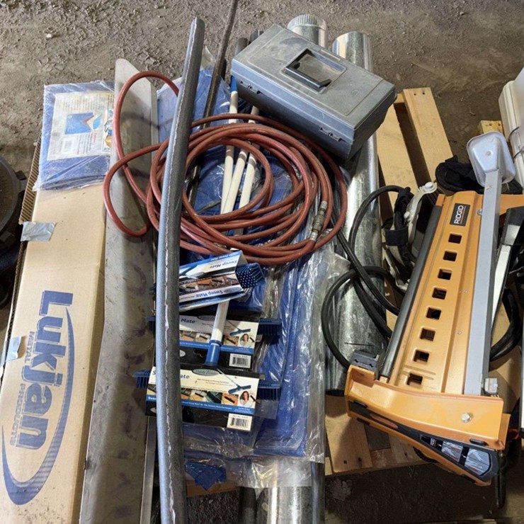 Pallet of: stove piping, Ridgid Table, Brushes, foam pipe insulation , Buying All for One Money