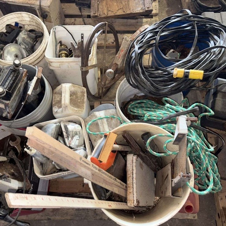 Pallet of: sewer Tapes, Castor Wheels, Wrenches, Saw, Ext Cord, Rope, Hinges, and more, Buying All f
