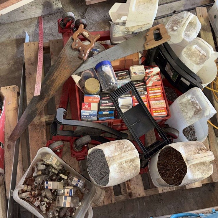 Pallet of: Hyd Fittings, Nails, Dolly Carts, bike tubes, and more, Buying All for One Money