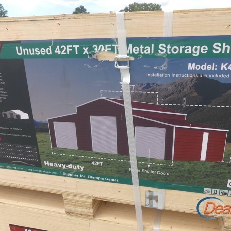 UNUSED 2025 42'X30' METAL STORAGE SHED (IN TWO BOXES): 3 ROLL UP DOORS, 1 SIDE DOOR