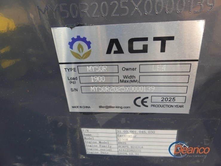 2025-agt-my50r-mini-excavator,-s/n-2025x0000139:-c/a,-blade,-rubber-tracks,-hyd.-thumb,-1-hr-image-8