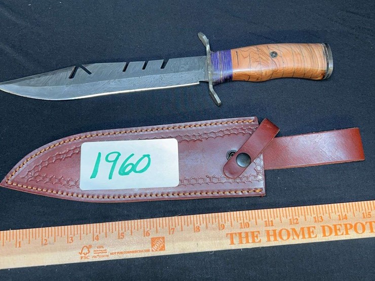 custom-damascus-steel-fixed-blade-knife-w/-cream/red-stripe-handle-image-2