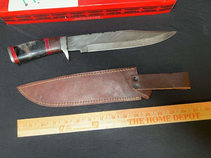 custom-damascus-steel-fixed-blade-knife-w/-orange/red-stripe-handle-image-4