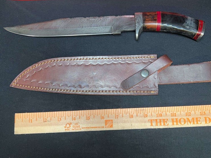 custom-damascus-steel-fixed-blade-knife-w/-orange/red-stripe-handle-image-1