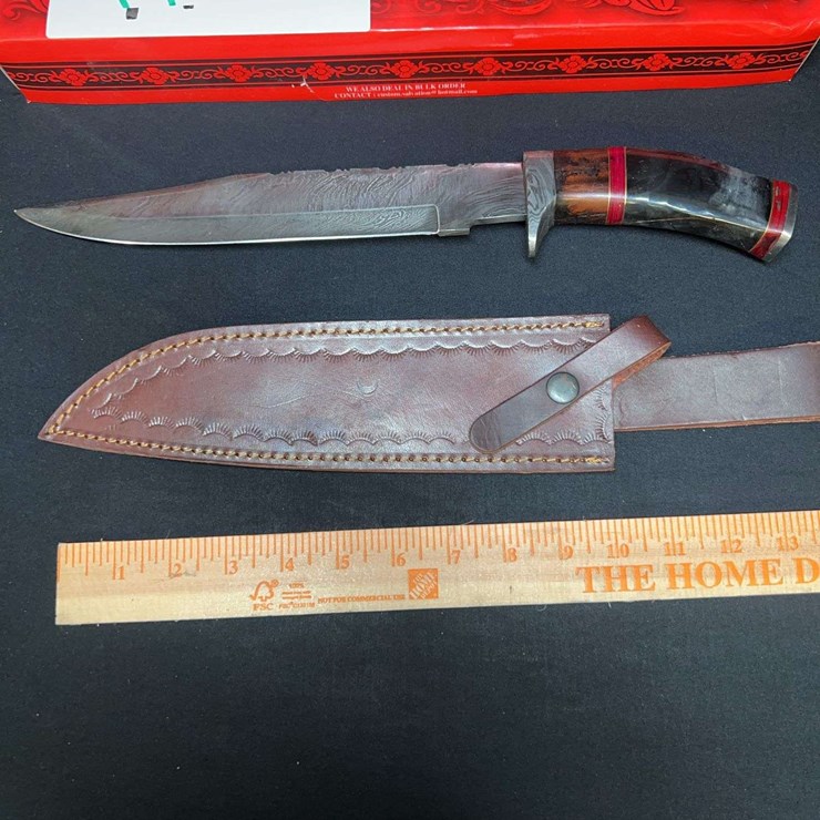 CUSTOM DAMASCUS STEEL FIXED BLADE KNIFE W/ ORANGE/RED STRIPE HANDLE
