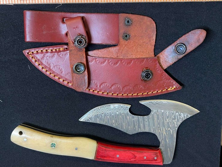 custom-damascus-steel-fixed-blade-knife-w/-cream/red/blue-striped-handle-image-1